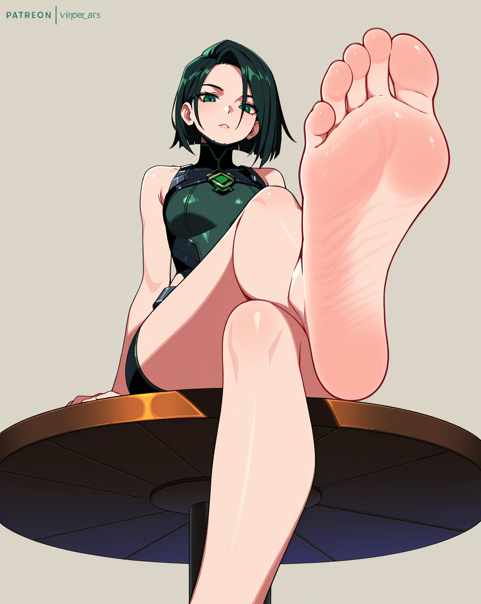 Cartoon drawing of woman sitting while showing the soles of her feet, her foot sticking out, feet posing, The art of the foot, high soles,, [ Digital Art ]!!, [ View from under her feet, low angles!!!!, big legs、Sentai Heroine、Super Sentai、aroma、Sweaty feet、bare-legged、sole of feet, Uchu Sentai Kyuranger, chameleon green, Hammy