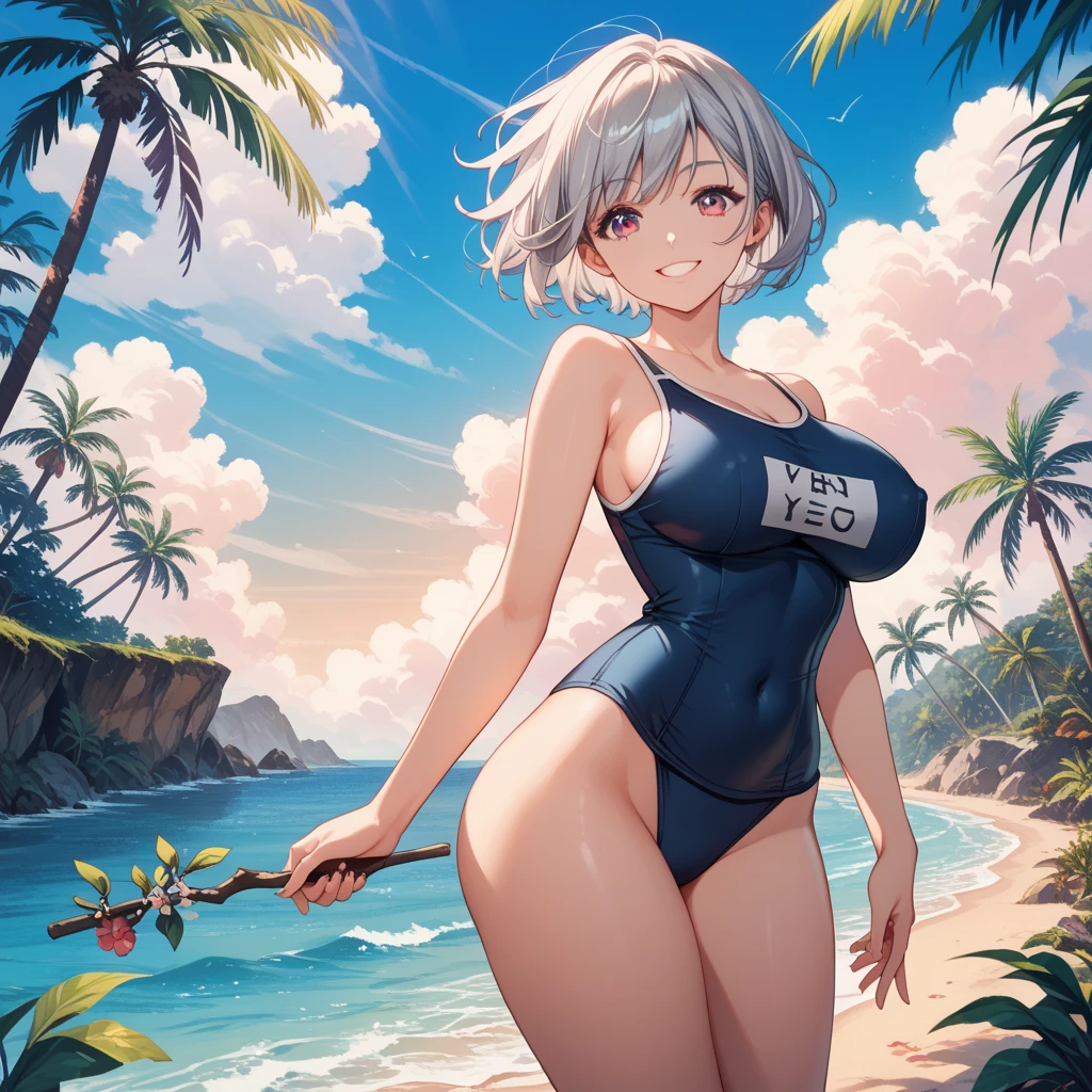 Anime illustration、highest quality、Horny and obscene idol、Beach photography studio、Kaguya Luna、Swinging hips and dancing、smile、Perfect balance、Oversized bust、Fatty legs、Erect nipples、Clear eyes、Cowboy Shot、Sweaty