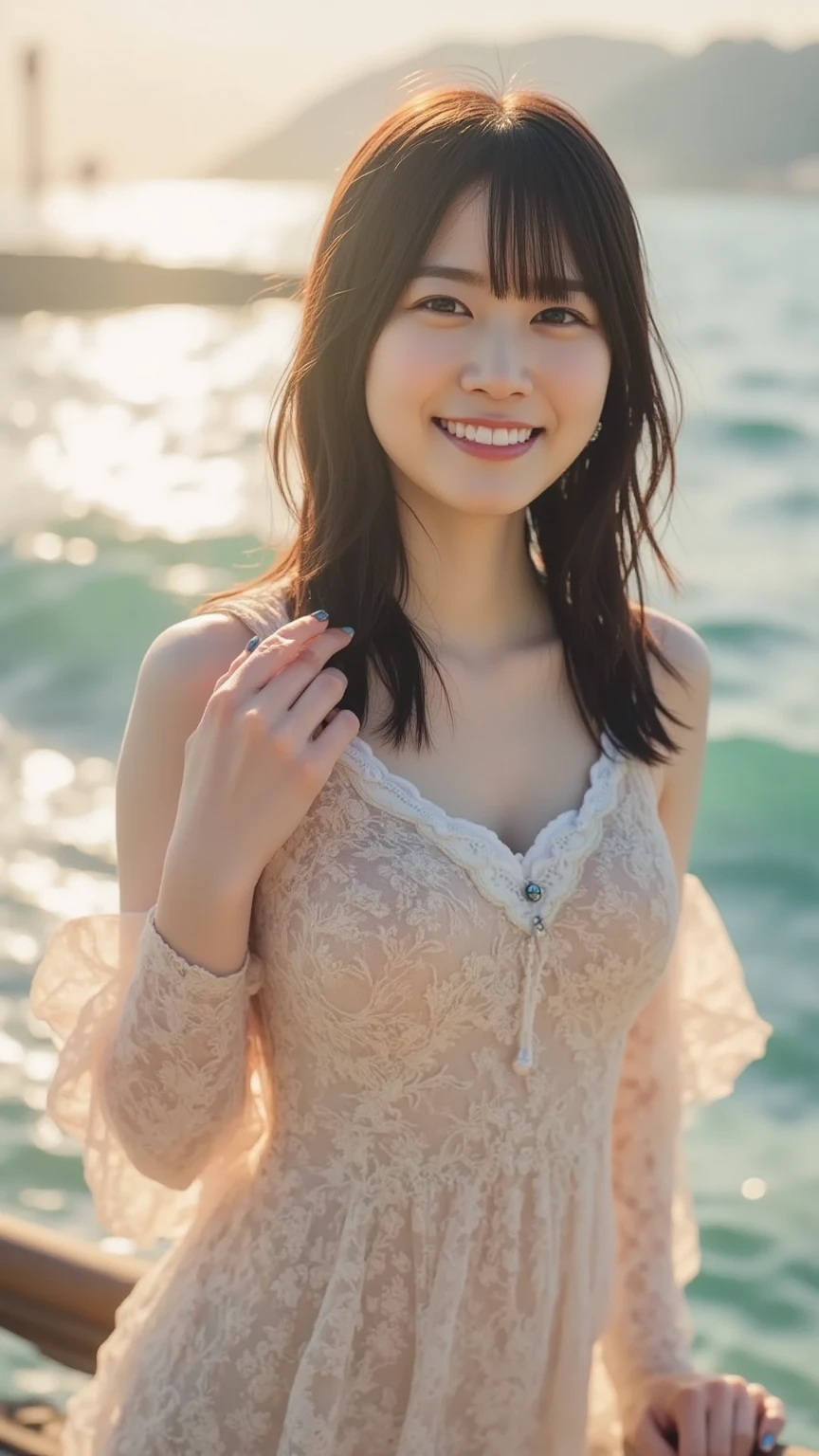22year old beautiful girl、Beauty、Japanese、cute、beautiful girl、slim、Highest quality、Realistic、16K、panoramic、((Best Quality, 8k, Masterpiece: 1.3)), 1 girl, full body, slim face, beautiful woman,Only one girl、((Perfect body)))、(masterpiece)、((Highest quality))、(Ultra-detailed)、((Very delicate and beautiful))、(((Very shallow depth of field)))、Hmph,(((Unbelievably absurd)))、((Perfect body)))、(((Black-haired)))、(((Shortcuts)))、(Okabo Hair)、(((Looking into the camera)))、(((The best smile that makes you happy)))、White lace dress、Dynamic Angle、Female focus、{Particles of light}、Delicate background、((Paul Hedley)))、Soft lighting、(Dramatic sunset)、sunset、Very beautiful sunset、Live Action、Realistic、Top view、Cute Smile、(The background is blurred)、Larger breasts、((wind))、(((Movement)))、(((Emotional)))、((colorful))、((Beautiful Teeth)) 、Flare、Ocean background、