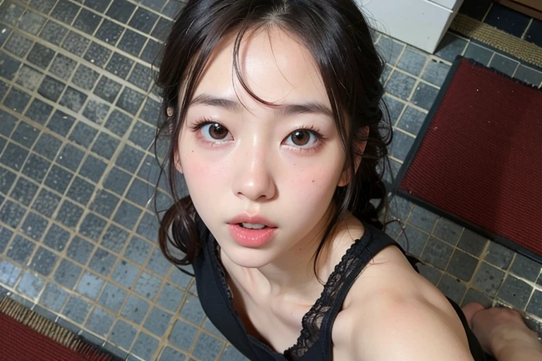 ((close-up photo of face:1.4))、masterpiece、flat color、Depth of the bounds written、girl with lens flare 1、、brown hair、looking at the viewer small breasts internal white tank top small and flat chest armpit sweat Sweat sides of both hands wall: black pants, white tank top arm leg holster arma sight small face bangs over eyes