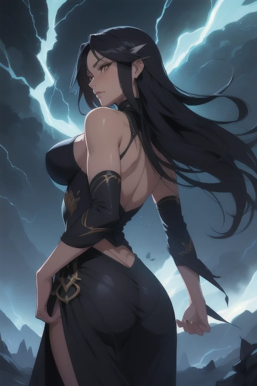 sensuous, ((long wavy black hair)), thick-thighs, (8K, 4K, highest quallity, high resolution:1.2), cute anime face, noise reduction, shining blue eyes, kind smile, Toned abdominal muscles eyes, muscular arms, muscular legs,  youthful face, anime eyes, (((breasts big、breasts that are about to burst)))、(((Bondage style)))、(((Rear view、turning、emphasize the buttocks、T-back that digs into your ass)))