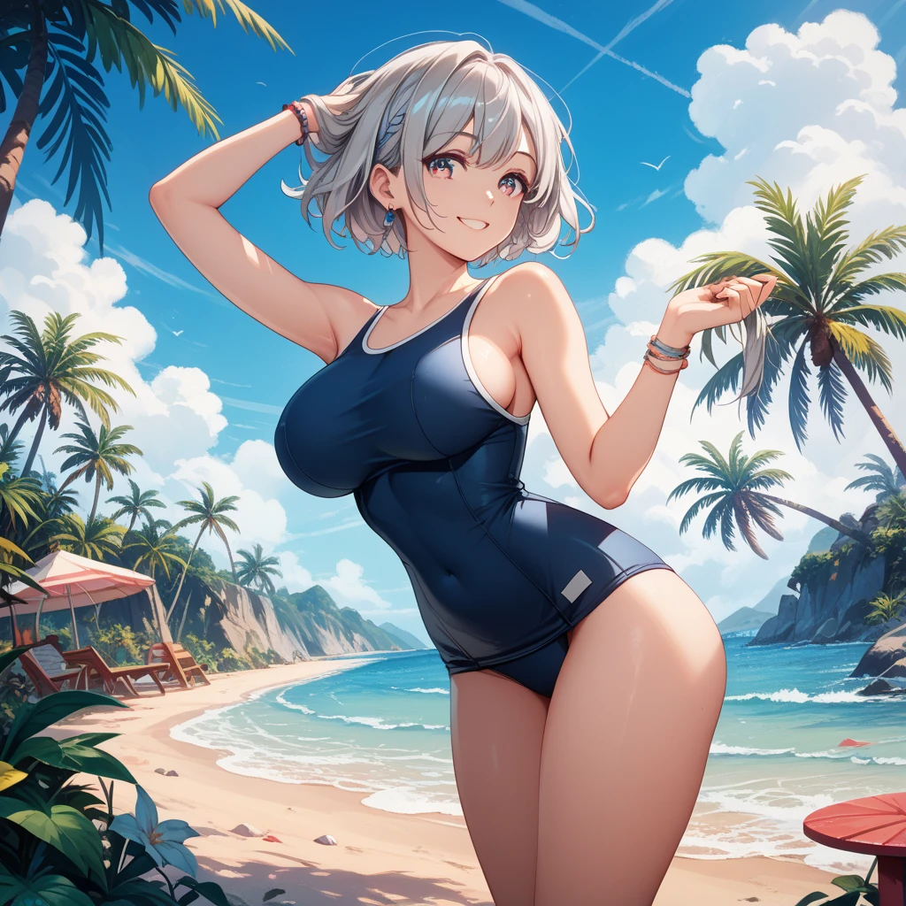 short white hair,large uncovered mammary glands ,beach edge background