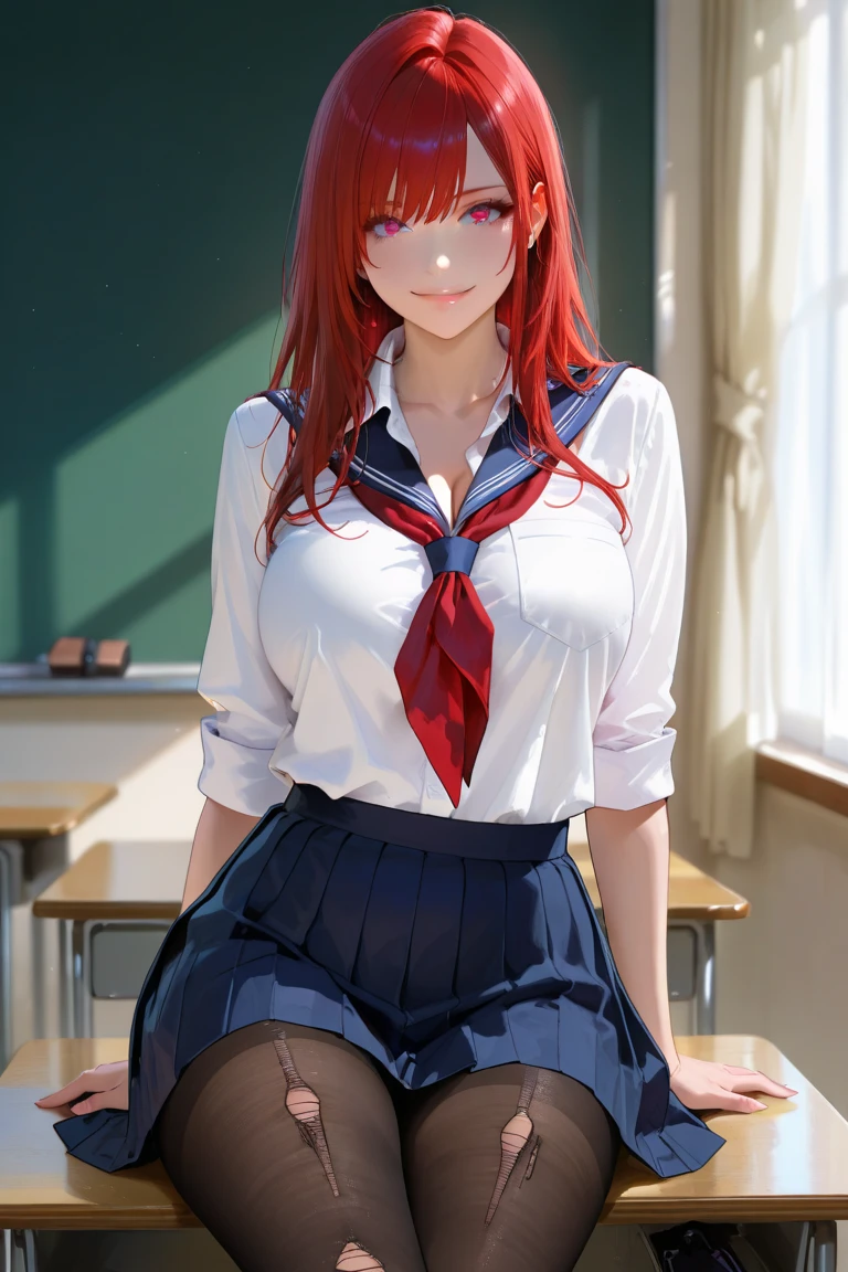 1girl, cowboy shot, sitting, classroom, looking at viewer,
komaro, huge breasts, bags under eyes, blue eyes, orange hair, long hair, bangs, hair between eyes, school uniform, neckerchief, sailor collar, long sleeves, pleated skirt, blue skirt, pantyhose, <lora:komaro_lora_ver2:0.8>, best quality, masterpiece, highres,
masterpiece, best quality, highest quality,
beautiful, intricate details, absurdres,