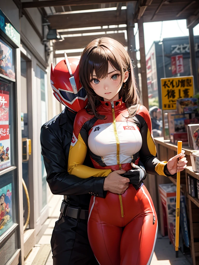 The image presents a man and a woman standing together and posing for the camera in superhero themed attire. The woman, on display to the right, is dressed as the Black Widow character from the Marvel Universe, featuring a sleek shiny skin-tight black latex leather bodysuit with a long-cut zipper neckline revealing a large chest, a belt with golden ring, wrist armor with golden stick and fiery red hair. The man on the left is dressed in a red hoodie displaying the iconic Spiderman logo.