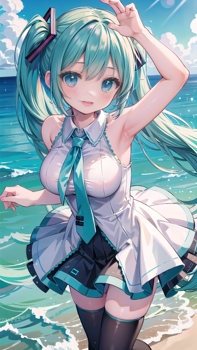 ((masutepiece)), ((Best Quality)), ((8K)), High resolution, 1girl in, Cat ears, pale skin, Large breasts, aqua eyes, Naughty face, frilled panties, see through shirts, bustier, pantyshot, Water, Girly running