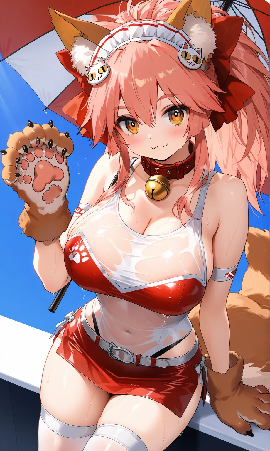 tamamocat, 1girl, breasts, solo, animal hands, tail, large breasts, bikini, swimsuit, paw gloves, fox tail, gloves, navel, looking at viewer, open mouth, fox girl, white background, white bikini, side-tie bikini bottom, simple background, cat paws, hair ornament, blush, maid headdress, cat hair ornament, groin, underboob, cleavage, fang, thighhighs, page cover, !!, cowboy shot, !,
<lora:TamamoCatFateV1-000008:1>