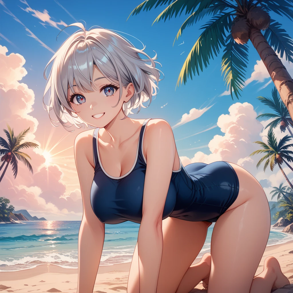 Tabletop, highest quality, (Realistic:1.4),,1 Japanese female,Mature Woman, 47 years old,Wrinkles around the eyeouth wrinkles、魅惑的なsmile、Naughty look、Heavy breathing,Full Body Shot, smile,(Beautiful sea_Snow-white sandy beach:1.2)、Beautiful blue sky,No clothes,Completely naked,Sit down and open your legs wide,(Leg spread:1.5),Don'Don't hide your cat,Erect nipples