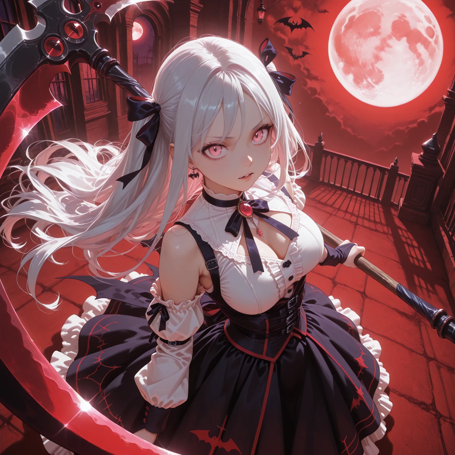 (Highest quality,4K,High resolution,masterpiece:1.2),Very detailed,Realistic:1.37,Spooky altar background,Dark fantasy,Red color scheme,Ominous atmosphere,Eye-catching,Storytelling,anatomy,Anime Style,Concept Art,beautiful細部までこだわった顔と (((Red eyes ))),Suspicious rituals ,Dark rituals,Untimely Death,Unjust act,Crazy Smile,Scythe Face,Girl Monster, slave,beautiful, Delicate facial features, Sharp Eye, Sharp Fangs, Pale skin, Thick chain, Dark Background, Cinema Lighting, Dramatic Shadows, Gothic style, Gloomy atmosphere, Dark fantasy, One Girl, , Please open your mouth wide, Open your mouth and baring your teeth,Sharp teeth like a beast, Wide lips, very wide mouth, Vermilion cheeks, ,(Blood splatter:1.4),Scary smile, laugh at,Fallen angel design, Twisted smile、Bloodstained、bleeding from the head,,、Blood splatter、,(Blood splatter:1.4),Crossbones, skull, , Horror Style, ((Fantasy Witch Costume)), ((Flowing white hair)), ,(Blood splatter:1.4),Female curves, Large Breasts, Thick thighs, Sexy flat stomach, Perfect hands, Perfect anime face, ((dark lolita dress)), Are standing, ((Wicked Smile)), ,(Blood splatter:1.4),Victorian cities, gaslight, Steam circulates, Moonlight Illumination, night lighting, A sky filled with stars and galaxies,disaster々new devil horns,,(Blood splatter:1.6),アニメFallen angel design, Twisted smile、Bloodstained、bleeding from the head,,、Blood splatter、,(Blood splatter:1.4),Crossbones, skull,