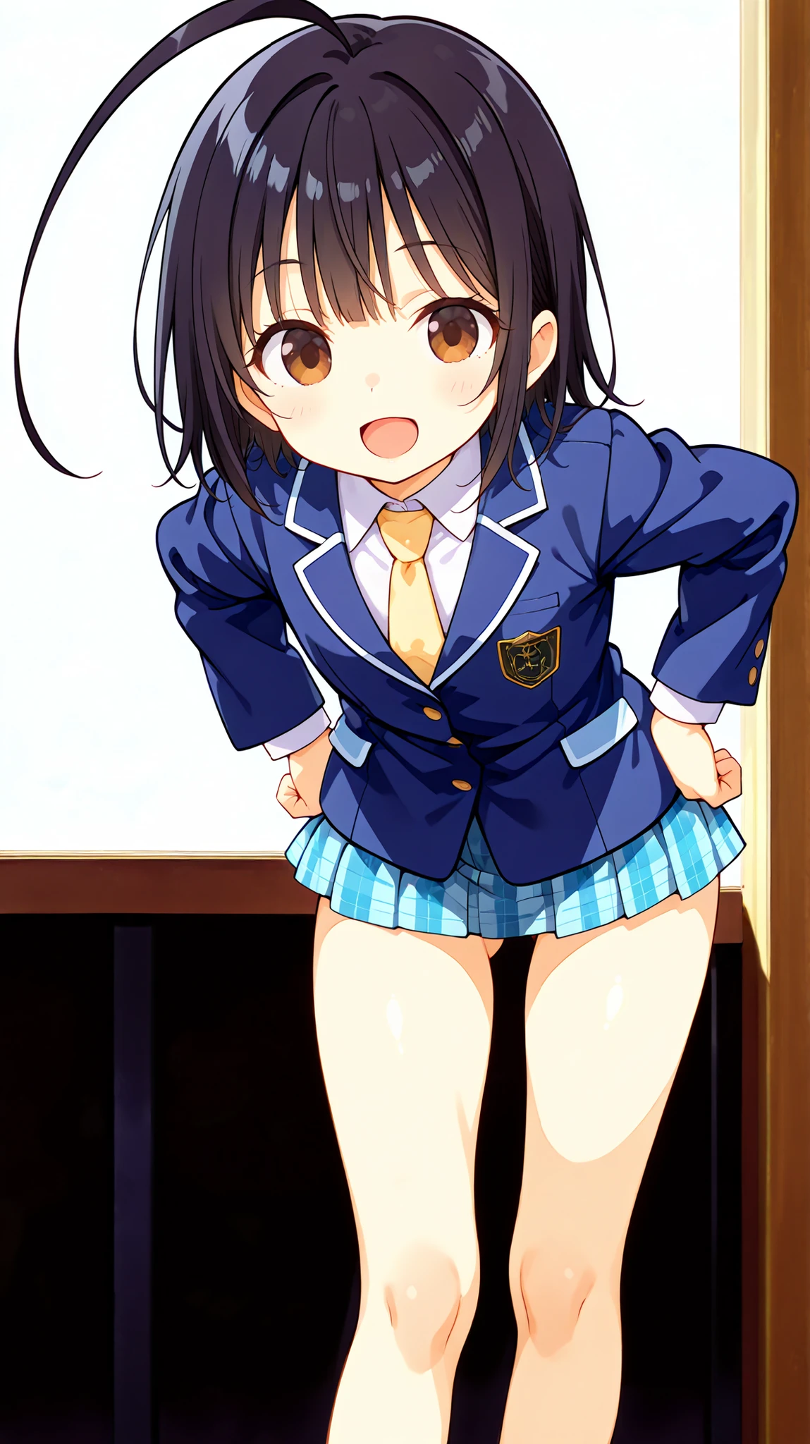nsfw,((anime style)),score_9, score_8_up, score_7_up,masterpiece, best quality,ultra detail,,huge ahoge, negishi masako , 1girl , (((solo))),short hair,black hair ,long bangs,brown eyes,(Flat Chest),school uniform,(((blue blazer))),light blue checkered Pleated mini skirt,(((((((mini skirt))))))), Yellow necktie,((necktie in the blazer)),(((knee))),(shin),((black short sox)),((ass visible through thighs)),(((((contrapposto))))),(A glimpse of her thin thighs) ,  cute ,((Mischievous  open mouth smile)),((cute face)),((((leaning forward)))), (hands on hips),(detailed face),