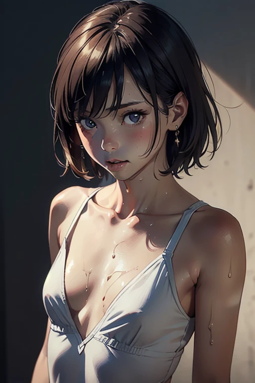 (((Masterpiece))), (((portrait))), Kujou Sara, diffused light, dynamic shadows, sharp focus, realistic, detailed, highres, absurdres, white background, no bra, photorealistic, lifelike, wet, mascara, blushing, sleeveless, youthful appearance, pee stain, white panties, (((hands behind back)))