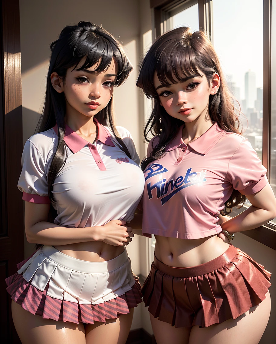 Super huge breasts, Gyaru, ditail lips, pink lips, long hair, cleavage of breasts, smile, beautiful asian girl, short skirt, gal, shining skin, brown hair, dark skin, tanned skin, brown skin, gigantic breasts, JK , hi-school girl, school student uniform, muscular, muscular legs, shining legs, chest bulge, 1 girl, heavy makeup, glowy skin