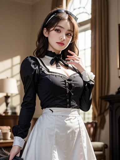 (8K, Raw photo, Best Quality, masutepiece:1.2), high-definition RAW color photography, professional photograpy, (Cowboy Shot:1.3), (Realistic, photographrealistic:1.37), ((Best Quality)), (1 girl:1.3), Cinematic Light, (finerly detailed face:1.2), (masutepiece:1.5), (Best Quality:1.2), (Smiling:1.2), (Looking at Viewer:1.2), bowtie, (Detailed Maid:1.3),traditional, (Narrow waist:1.2), (Large breasts:1.2), Elegant, Gorgeous,Gothic ta, Holding a tray with a teapot on it, break The background is a luxurious mansion, Inside, indirect lighting, Floor light, Many beautiful flowers are arranged in a luxurious vase, Create a sense of luxury and luxury., Marble floor, Decorative Walls, BREAK ,William Morris, Arts and Crafts Movement, complex pattern, Nature-inspired design, Wallpaper Art, Textile Creation, British heritage