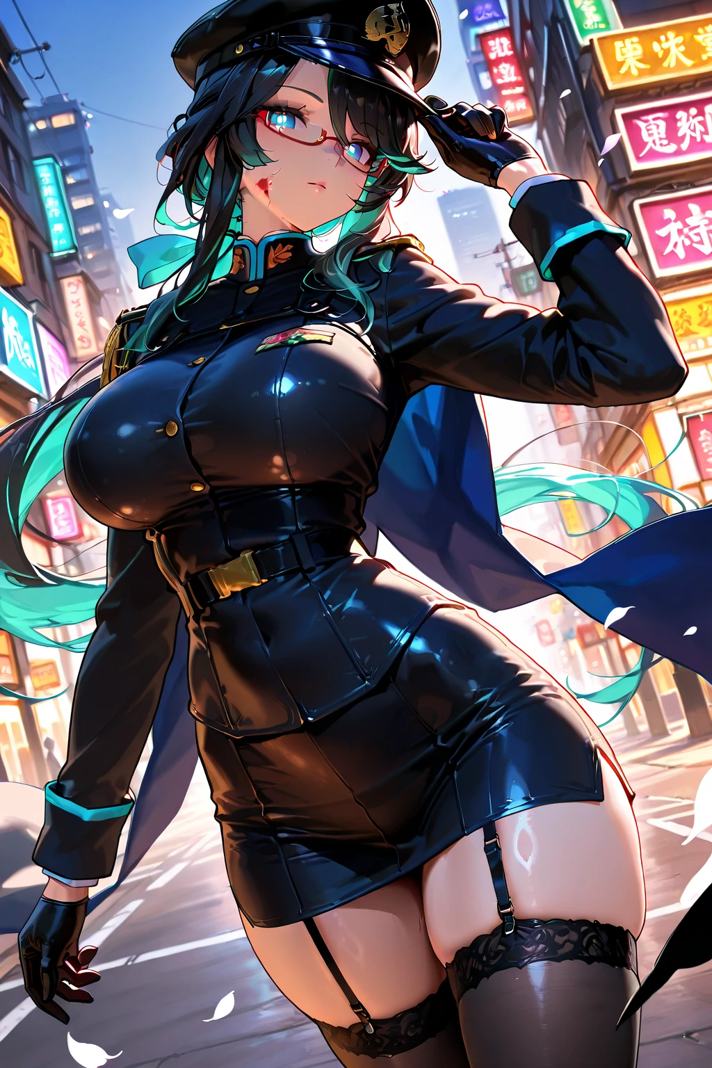 Monochrome Tiffany Blue, Highest quality, very detailed, delicate and dynamic, Three-dimensional effect expressed through light and shadow, Cyberpunk cityscape, Eye-catching effect, modern art, Low-Angle, cinematic angles, looking at the viewer with a love struck expression, full body view. Pretty woman in her 20s, young adult, mature girl, detailed face, detailed eyes, pouty lips, full lips, detailed sweaty skin, thick thighs, lean but fit, tall, emerald green eyes, waist-length long black hair with emerald green inner hair. Part of the clothing is translucent, translucent parts has a slight illumination, bikini armour, bikini_armour, skimpy outfit, thigh highs, knee-high high-heeled boots, emerald green boot sole, long transparent pelvic curtains, long pelvic_curtain, emerald green skimpy powered exosuit, translucent large raincoat on top, open, choker, emerald green ear spikes, standing in a contemplative pose amidst the neon-lit ruins, textured digital art with muted tones and subtle ambient noise, detailed and intricate illustration, dystopian and gritty yet beautiful, a glimmer of hope in the decay, illuminated character, character lighting,