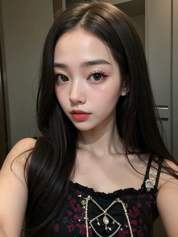 Kim Jennie de blackpink con el cabello rubio claro, cabello rubio con ondulado, cabello de color rubio ondulado, with small fringes, ojos color negro, nariz respingada y bonita, labios gruesos, Cupid and heart shaped lips....., labios rosas, pale, piel blanca, piel bonita y suave, con pecas y lunares, cejas bonitas, marked and beautiful clavicle, mientras tiene un polo con rosas color rojo tinto, rojo oscuro, con ropa interior femenina, con un short corto, short bonito y corto, abdomen delgado y bonito, escote desnudo, (pechos grandes, pechos suaves, pechos naturales, escote desnudo), mientras agarra una rosa, mirando a la camara, autofoto