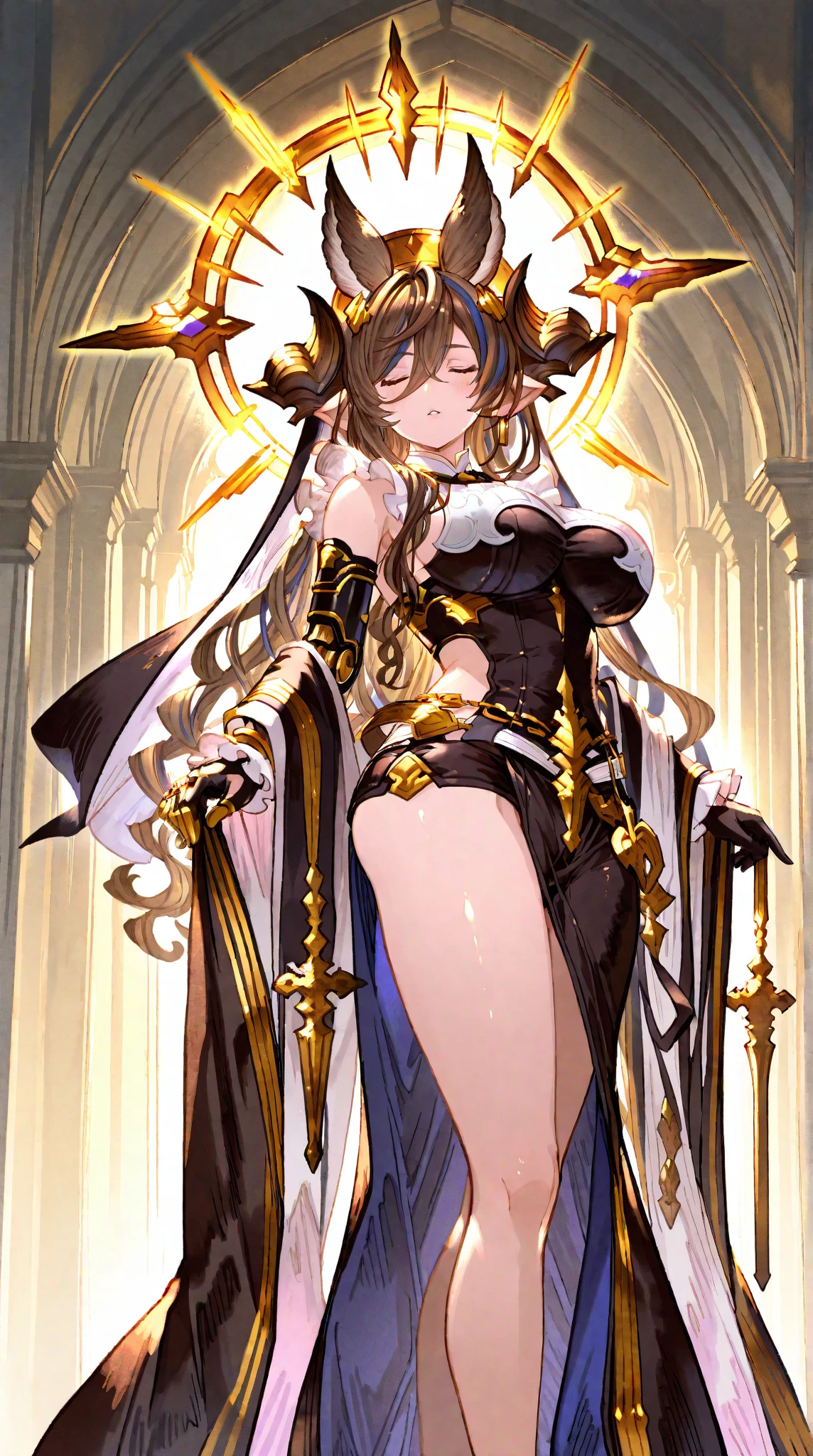 ((highest quality)), ((masterpiece)), (detailed), （Perfect Face）、The woman is a Galeon with medium-long brown hair and her eyes always closed.、A gorgeous brown see-through dress with a long slit that lets you see right through to the skin, a see-through cape with fur, a necklace with jewels, a tiara, earrings, a head dress-up chain, a waist chain, bracelets, ankle bracelets, etc.々She wears lavish jewelry and shiny brown boots.