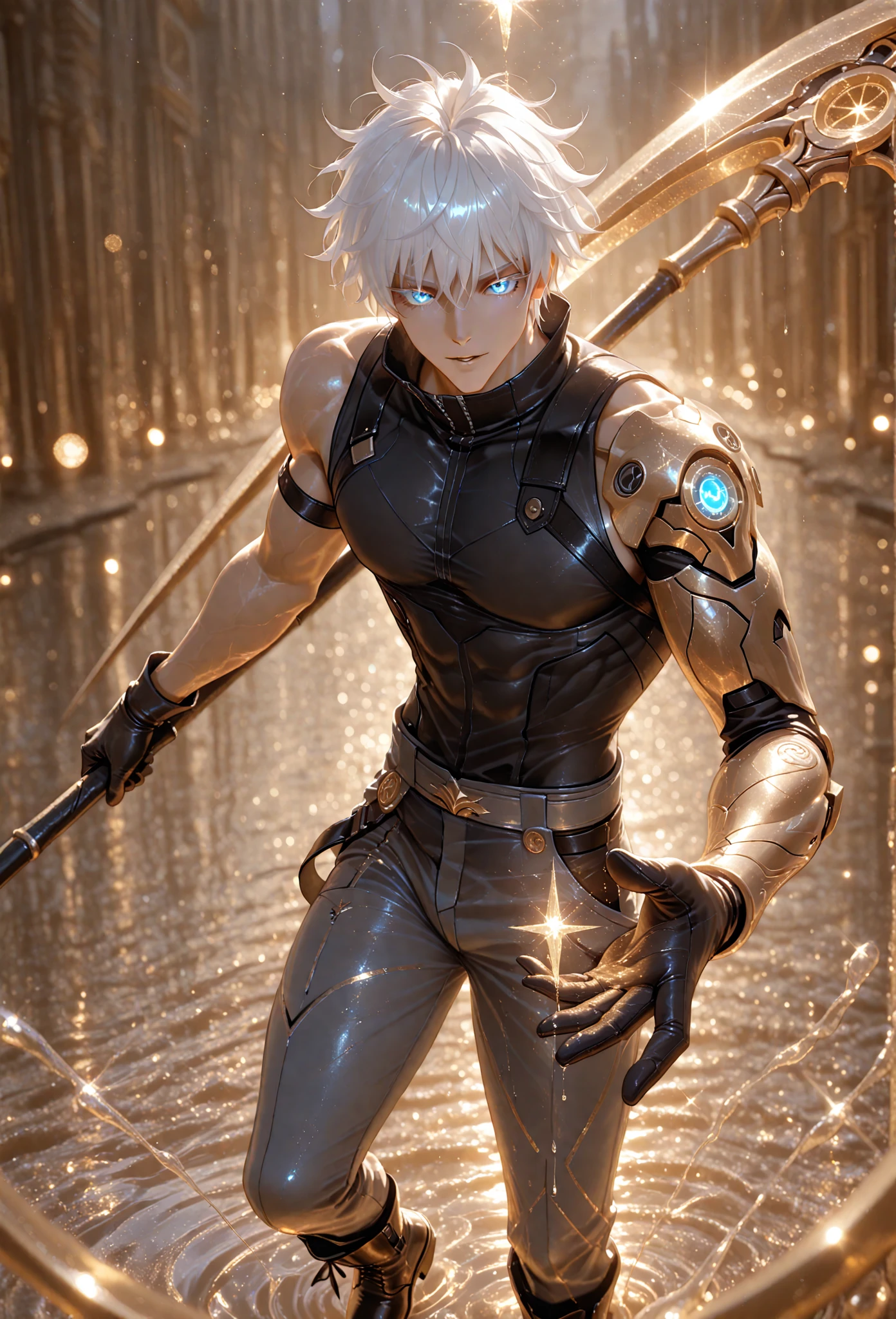 (full body, (storm), (lighting eye) (1man),(1metal arm),(masterpiece), (work of art), (amazing work), (detailed eyes), (delicate skin), , (multicolored), (white hair ), (sparkling eyes),(1 man),best quality, expressive eyes, perfect face,hot, ,thin, White hair, Haired,man, handsome ,thin, shoulder scars, m