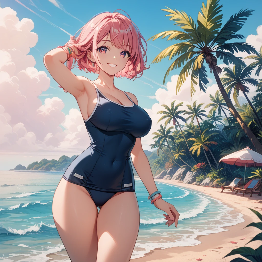 cute blonde girl, early twenties, beautiful, bow, headband, short blonde hair, standing on beach, very chubby, bikini, one person, pink high heels, chubby belly, pink color pallet, fat, sleeveless clothes, very small skirt bottom