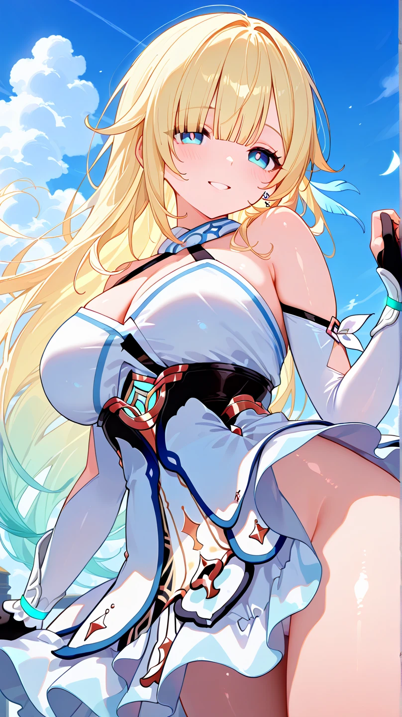 masterpiece, best quality, movie still, 1girl, floating in the sky, cloud girl, cloud, (close-up:1.1), bright, happy, fun, soft lighting, (Bauhaus, shapes, lines, abstract:1.1), stockings, bridal gauntlet, IdleAngels