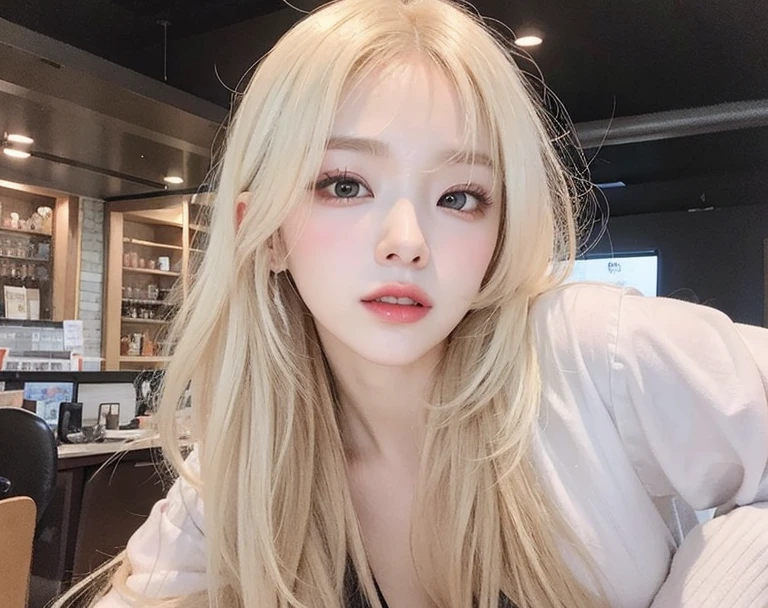 Um close de uma mulher com cabelo comprido e um colar, Beautiful Asian girl, Lindo rosto de garotas japonesas, asian face, asian features, Asian beautiful face, beautiful aesthetic face, Linda mulher sul-coreana, Korean facial features, Linda jovem coreana, Linda jovem coreana, Uma garota com cabelo loiro, maquiagem coreana popular, coreana, Maquiagem popular sul-coreana