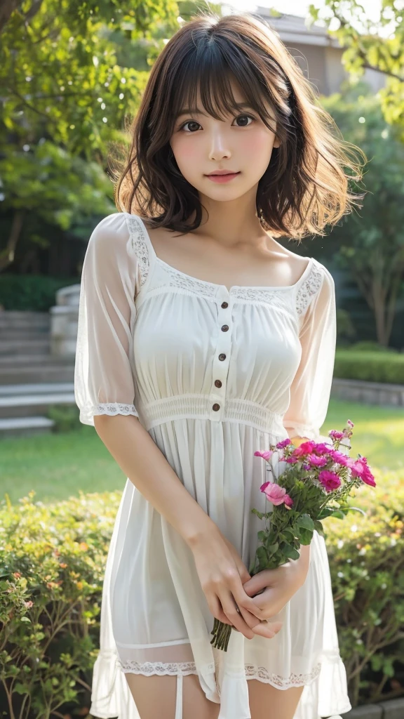 A white-skinned plump European woman with short brown hair in a transparent openwork lace dress sat down to smell a flower in a blooming meadow 