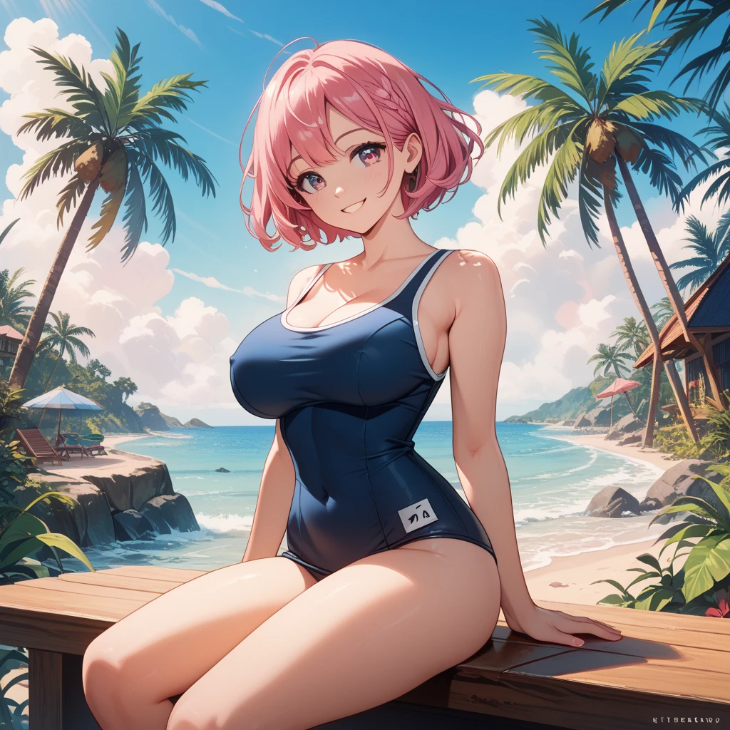 VerydetailedCG，UHD wallpaper， extremy detailed，（（（Best Quority）））， （（ultra detali））， 1girl huge large breasts， Animal_oren， Black_Hair， Blue_Eyes， Large breasts， cat_oren，（Naked_Towels）， the clouds， Cloudy_Sky， crepuscular， nights， Gradient_Sky， horizon， Looking_At_peeping at the viewer， makeups， mediating_breasts， Aqua Eye， woven， Eau， droplets of water， mont， mountainous_horizon， navels， the ocean， Orange_Sky， exteriors， Palm_tree， The purple_Sky， Red_Sky， short_Hair， Sat down， skyward， ssmile， 独奏， suns， sunraise， sun setting， Towels， The tree， at twilight， Eau