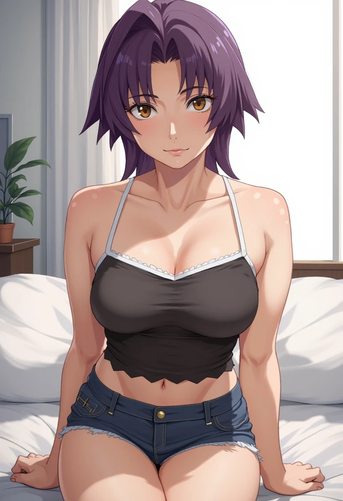 best qualityer，（tmasterpiece：1.2），highly  detailed，sitted，Mature woman，
1girll， 独奏， hamaoka azusa，
looking at viewert，ssmile，，
Purple eye，Purple colored hair，short detailed hair，green-shirt，Red bra strap，Full buttocks，plumw，big breasts body