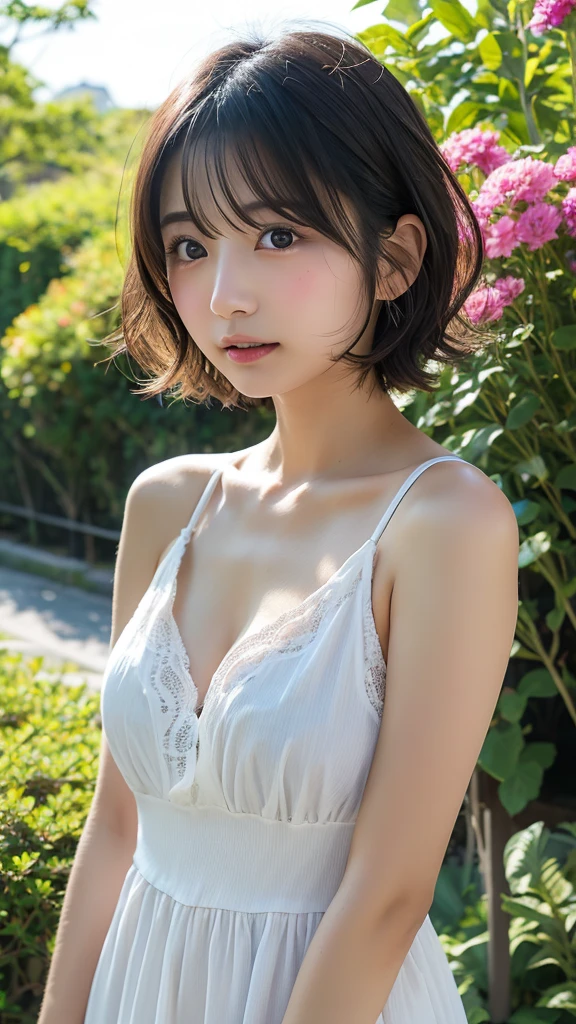 (((In 8K. HDR.Hyperrealism、Masterpiece 1.4、wlop1.4、Cinematic、Detailed content、Very detailed、Ultra-realistic in every detail、Live Photo 1.4, Best quality 1.4、 Very detailed 1.4、Very detailed、Perfect Shading、Low angle full body shot 1.2、1 photo、Commercial Photography 1.4、50mm 、Film Grain)))、(((White camisole、White ruffle skirt、Sandals)))、(((Short Bob、Bob Hair、Black Hair、bangs)))、(((cloudy sky、Rain Clouds、cloudy、Dim coast)))、((((Sweaty body、Plump body)))、(Japanese women, 20-year-old)、(((Five-finger body image 1.3)))、(Small breasts 1.2)、(Standing 1.2)、(Perfect Anatomy、 Skin with visible pores、 Sweaty skin, Realistic and dense skin、Realistic face with freckles、Very beautiful and beautiful face、Beautiful and well-proportioned face、Very cute face)