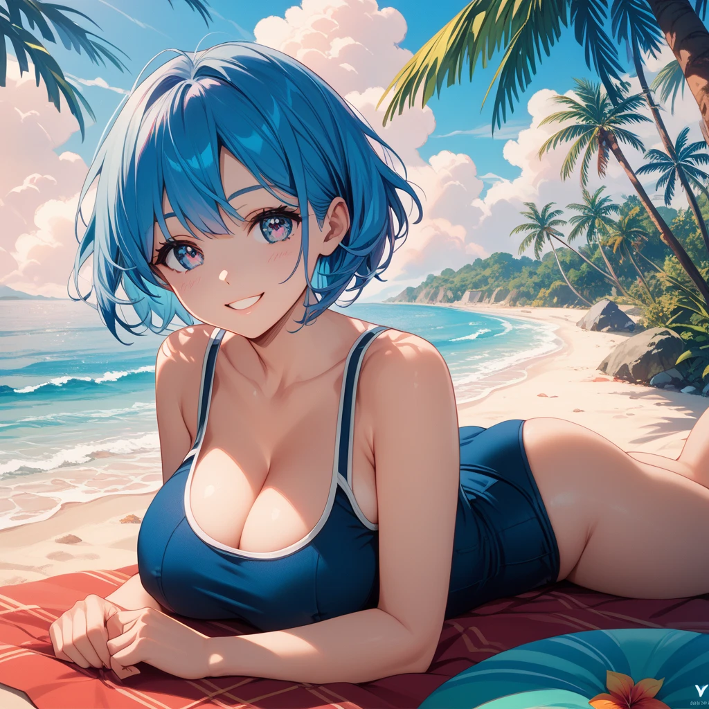 Rem of Rezero、blue hair、short hair、table top、High resolution、lots of girls、Multiple Girls、large crowd、lots of cute girls、big and full breasts、naughty body、see-through、、throw、、whole body、standing、Looking up at me、confused face、blush、The shape of a woman's private parts is clearly visible、nipples are visible、naughty swimsuit、blue bikini、Ocean、sandy beach、a lot of people、in the crowd、Naked breasts、show your chest、circle