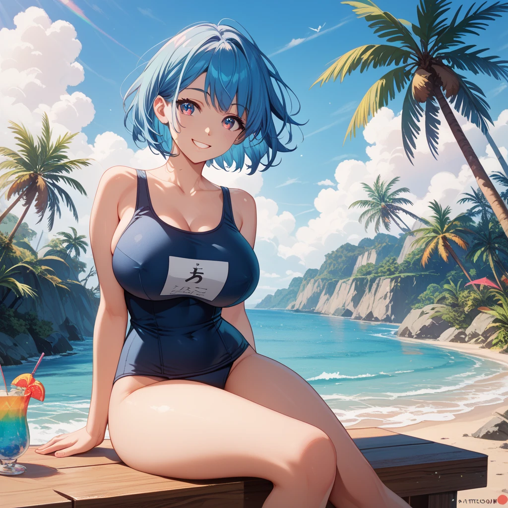 masterpiece, best quality, ultra-detailed, 
shiny skin, latex, large breasts, cleavage, 
Rem, re zero, Blue hair, Short bob hair, 
one girl、neatness girl、beautiful girl、Bikini、beach、Summer、Bikini、beautiful Bikini、neatness Bikini、smile、beautiful、beautiful neatness girl、Sea、beautiful beach、Summer drink、