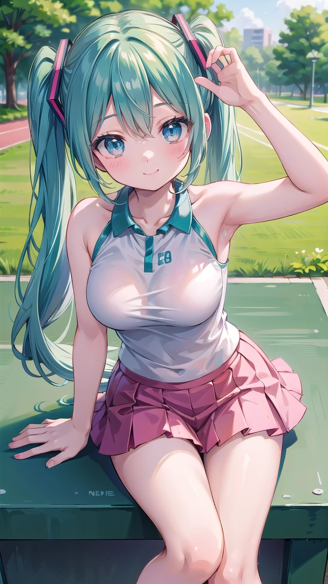 (masterpiece:1.2),( high quality:1.1), tennis outfit, tennis court,
bulla,kubrick stare, long hair, straight hair,bangs,  aqua hair, blue eyes, mascara, long lashes,  hairband, red hairband, earrings,  huge breast,large breast,(ambient lighting:1.1), full body, (realistic: 1.2), (realism), (masterpiece: 1.2), (best quality), (ultra detailed), (8k, 4k, intricate), light particles, lighting, (highly detailed: 1.2), (detailed face: 1.2), (gradients), nsfw, colorful, (detailed eyes: 1.2), (rule of third_composition: 1.3),