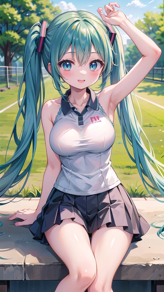 (masterpiece、Highest quality、))、beautiful detailed eyes 、ultra-detailed、 , Gray Hair、Ahoge、Long Hair, Blue eyes、ponytail 、big breasts、blurry background、bashful、pinup, play tennis, (swing tennis racket:1.1), wear tennis uniform, in Tennis court, (moving:1.2), tennis ball, hit the ball with a racket, some players、Panty shot、windy,floating hair、sitting、open clothes、cleavage、sweat,see-through,、stomach cutout,