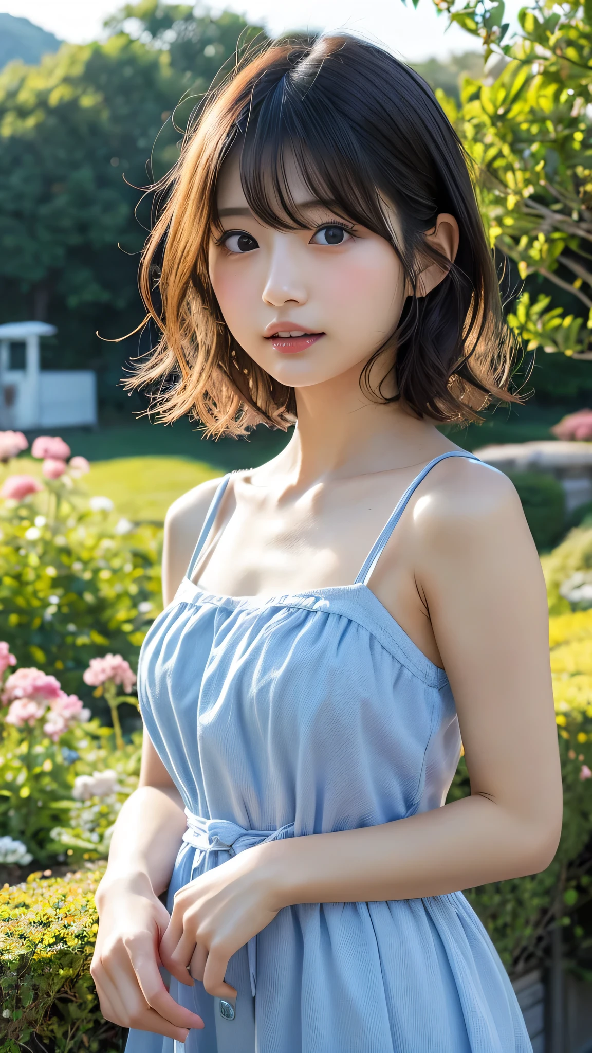 (masterpiece, top quality, raw photo, ), movie scene, natural light, beautiful girl, (delicate eyes, pretty lips), looking at camera, (15 years old), (white dress), dark eyes, with bangs, short hair, light makeup, (cute face, young), delicate face, upper body, (slender body, thin arms), air movement, strong wind, messy hair