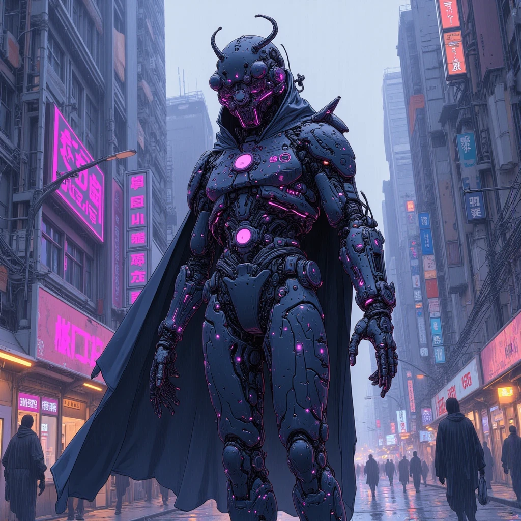 雰囲気teeth未来的in少しディストピア的in, Sophisticated, A futuristic black exoskeleton combining insect-inspired design with advanced armor elements, 装甲にteeth複雑な装飾が施されている, has a shiny surface, that reflects city lights and rain It adds dynamic texture to the ensemble and features a galactic pattern mixed with, technology and fantasy, is big, fuses the, をブレンドした銀河のようなパターンが特徴in、purple, pink, And white, と混ざり合った銀河のようなパターンが特徴in, theme with the towering buildings lining the street, 彼女のシルエットteeth長い, The fluttering black cloak, teeth, 風に揺れると神秘的in流動的な要素を加えます, 環境teeth大雨の降るに崩壊した街並み, impressive characters dominate the urban scene, purple, neon lights illuminate the scene, 背景にteeth歩行者が部分的に見えます, in, adds mysterious and fluid elements, 全体的な雰囲気teeth強烈in, 少し別世界のようinす, accentuates the city's vibrancy despite bad weather, detailed hands, anime, cyberpunk