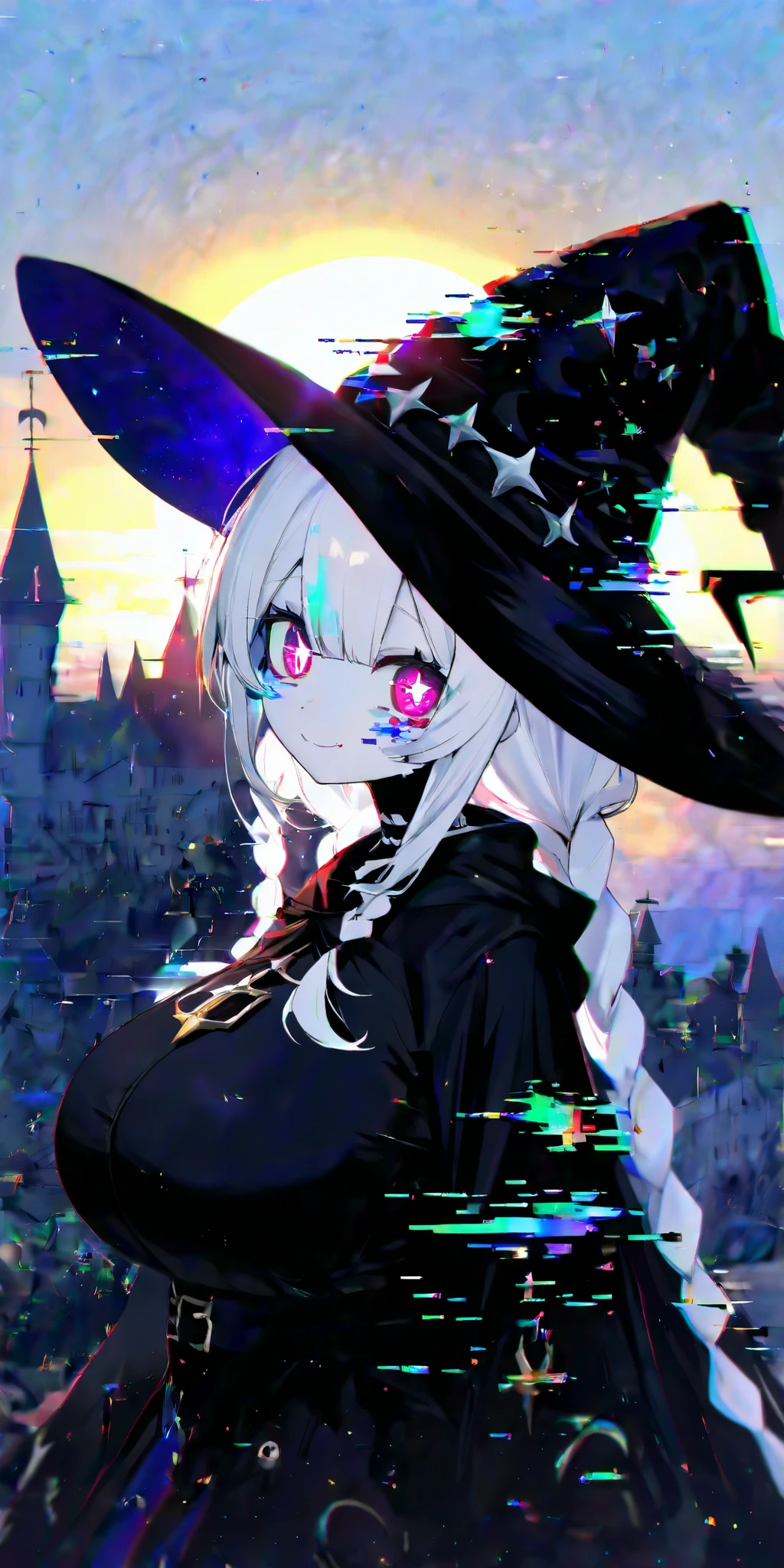 1girl, 0__11Xx_illu, 15546+456868, (glitchy noise),(multicolor glitch, glitch), overly detailed pupils, chromatic aberration, distorted, large breast, braids, bittersweet smile, white hair, white skin, cute eyes, witch girl, witch hat, black robe, sunrise, morning, demon castle background, gently sun light, Glitch skin, glitch body, glitch clothes, closed mouth
