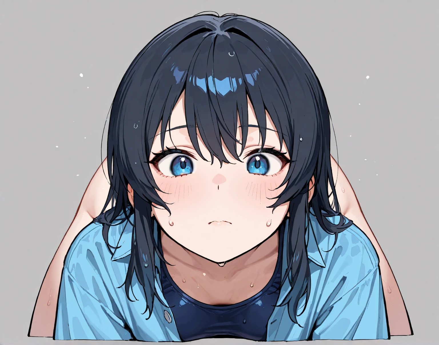 ((beautiful face)),1girl ,20s,mature female,short hair,blue hair,oni horns,(white background, simple background),school Swimsuit,runing,scared,wet,full body
