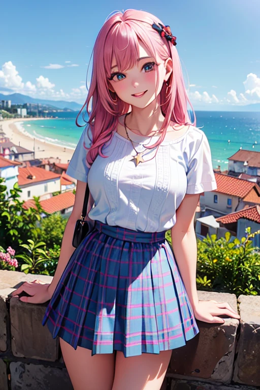 splash, wet, strong sunlight, splash, piercing woman, piercing, smile, colorful hair, summer school uniform, blunt bangs, (black skirt), 1girl,solo, flashy hair, photorealistic, high resolution, one girl, golden and pink and light blue hair, colorful hair color, korean, beach, wharf, cowboy shot,