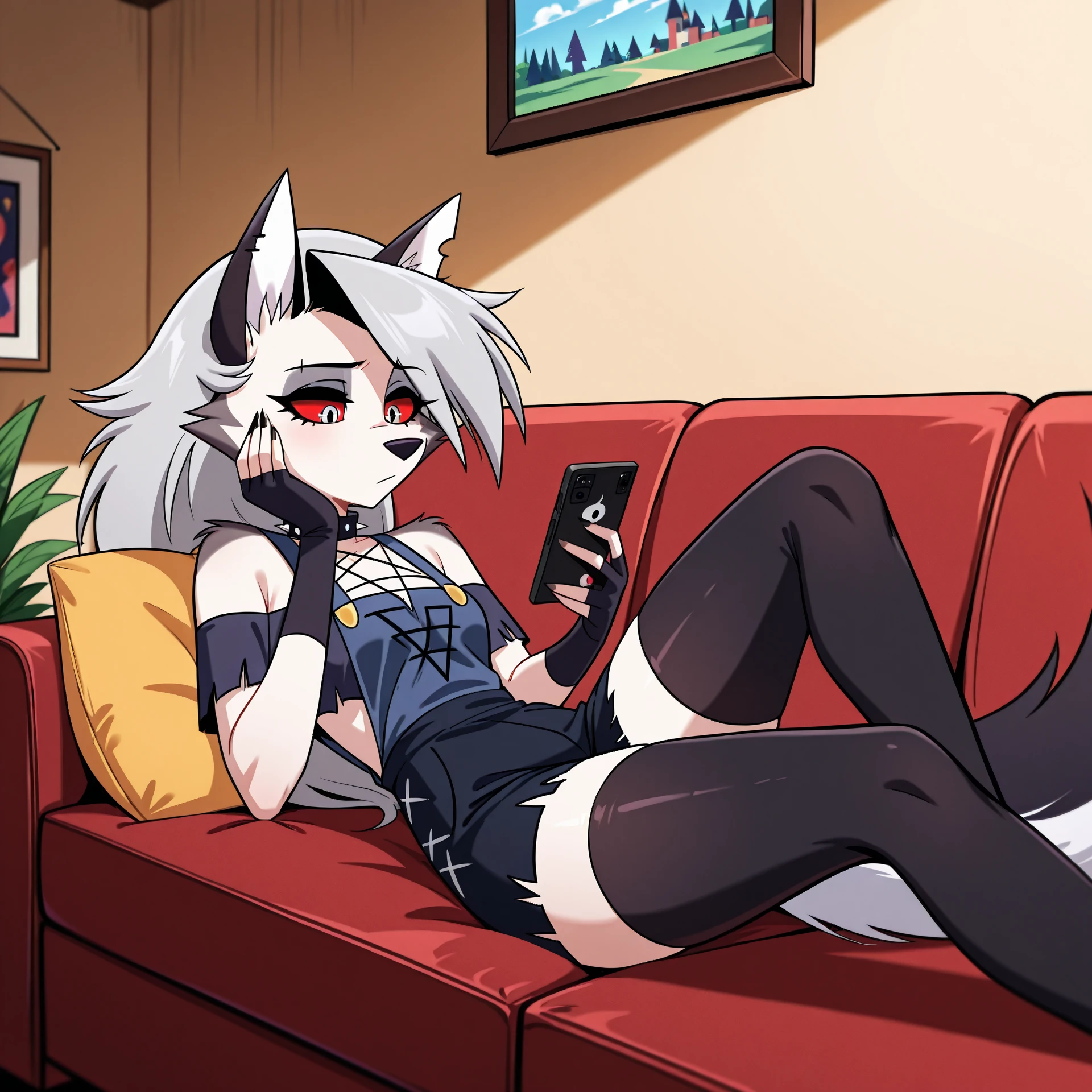 score_9,score_8_up,score_7_up, source_anime, sierra, kemono style, a young nerdy Anthro furry wolf girl, white furry body, long black hair,  black glasses, naked, black thong, barefoot, feet paws, four toes, she is holding an iPhone with both hands, texting on an iPhone, looking down at iPhone, bored expression, footjob, she is giving a faceless human male a footjob, feet paws, four toes, she is rubbing faceless human males cock with her feet, she is sittting on a couch, simple white background,