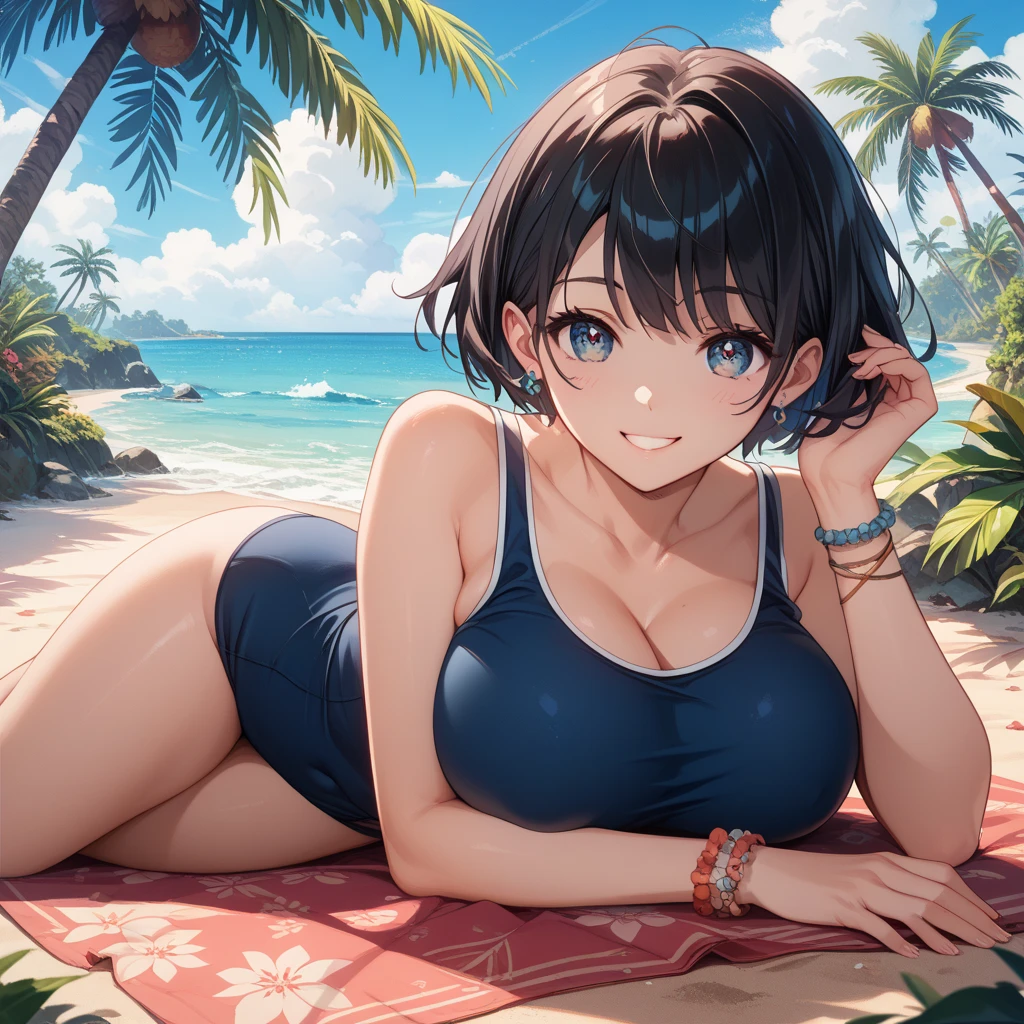top-quality、Full limbs、complete fingers、Slender beauty、straight haired、bob cuts、hime-cut、Light blue sailorsk swimsuit、Small eyes、a bed、natta、Sitting