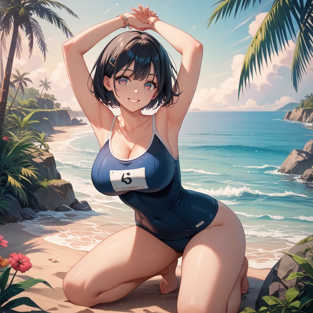 NSFW, (4+girls:1.5), (alternate athlete swimsuit pool), tanned skin, dark tanned skin, oil, abs:1.5, tan lines, line up, girls playing beach volley, ball of beach volley, net, masterpiece, top quality, ultra high definition, highest resolution, very detailed, perfect face, professional lighting, clean skin, CG illustration, slender, very cute, young face, cleavage, lower breast, wet body, (breasts out:1.4), different hair colors, short hair, pixie haircut, semi-long hair, different hair cuts, hair ribbon, blush, navel, from below, wet body, (breasts out: 1.4), (plastic bag 1.2), transparent swimsuit, beach, sand, water, (wind: 1.3), girls playing behind, showing ass, black necklace choker