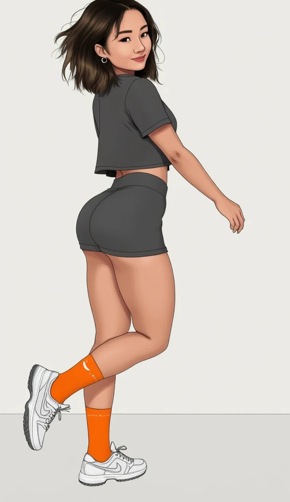 Caucasian punk woman in black shirt and white cotton panties and purple stripe socks, realistic art style, intricate details