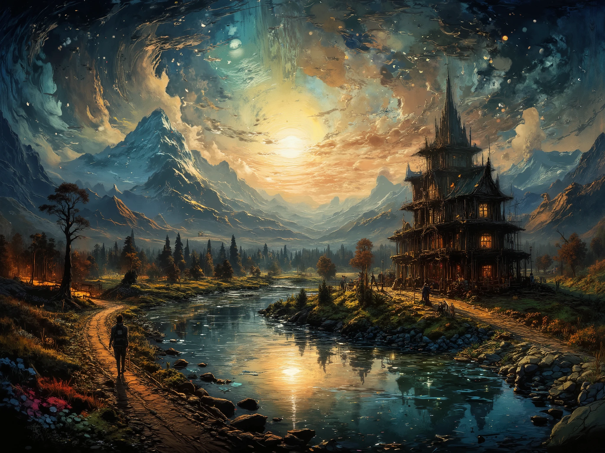 A small village by the river, color of the mountain in the background, colorful flower flowers, detailed landscape, beautiful natural landscapes, atmospheric lighting, scorching sunset, warm colors, Practical, фотоPractical, detailed foliage, complex buildings, paved street, charming country house, swirl bright colors, lush vegetation, reflections on water, picturesque, idyllic, artwork, best quality, 8k, Very detailed, anime styling