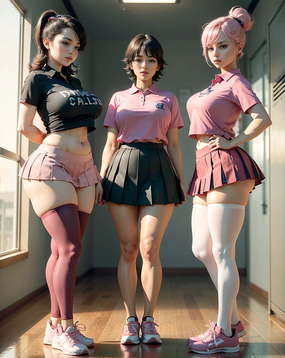 a group of 18 year old school girls in very short plaid skirts showing off pink panties. they are arranged from smallest bust to largest bust. the smallest bust is b cup, the largest is m cup size. they are wearing very tight shirts all barely containing their breasts