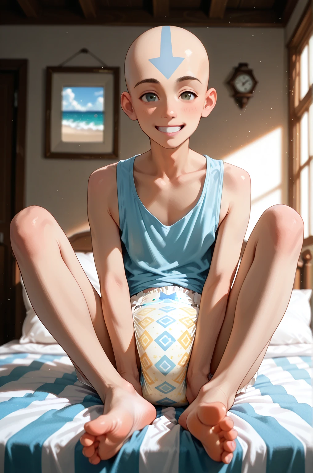 gquality, nsfw body , adult male, hyperdetailed, hyper realistic face, 8k, perfect quality, High Quality, masterpiece, absolutely captivating , absurdres, newer, very awake, newer, cinematic light, random different body positions, male, adult male, skinny male, very skinny body, male face, male body, male eyes,skinny, short hair, male hair, full body, hairless, wearing water waves patterned diaper, big diaper,, barefoot, soles, sexy soles, nsfw soles, depth of field, happy, light blush, light particles, colorful, blue croptop, artistic background, score_9, score_8_up, source_anime, 1boy, aang, bald, white-arrow forehead tattoo, tattoo,