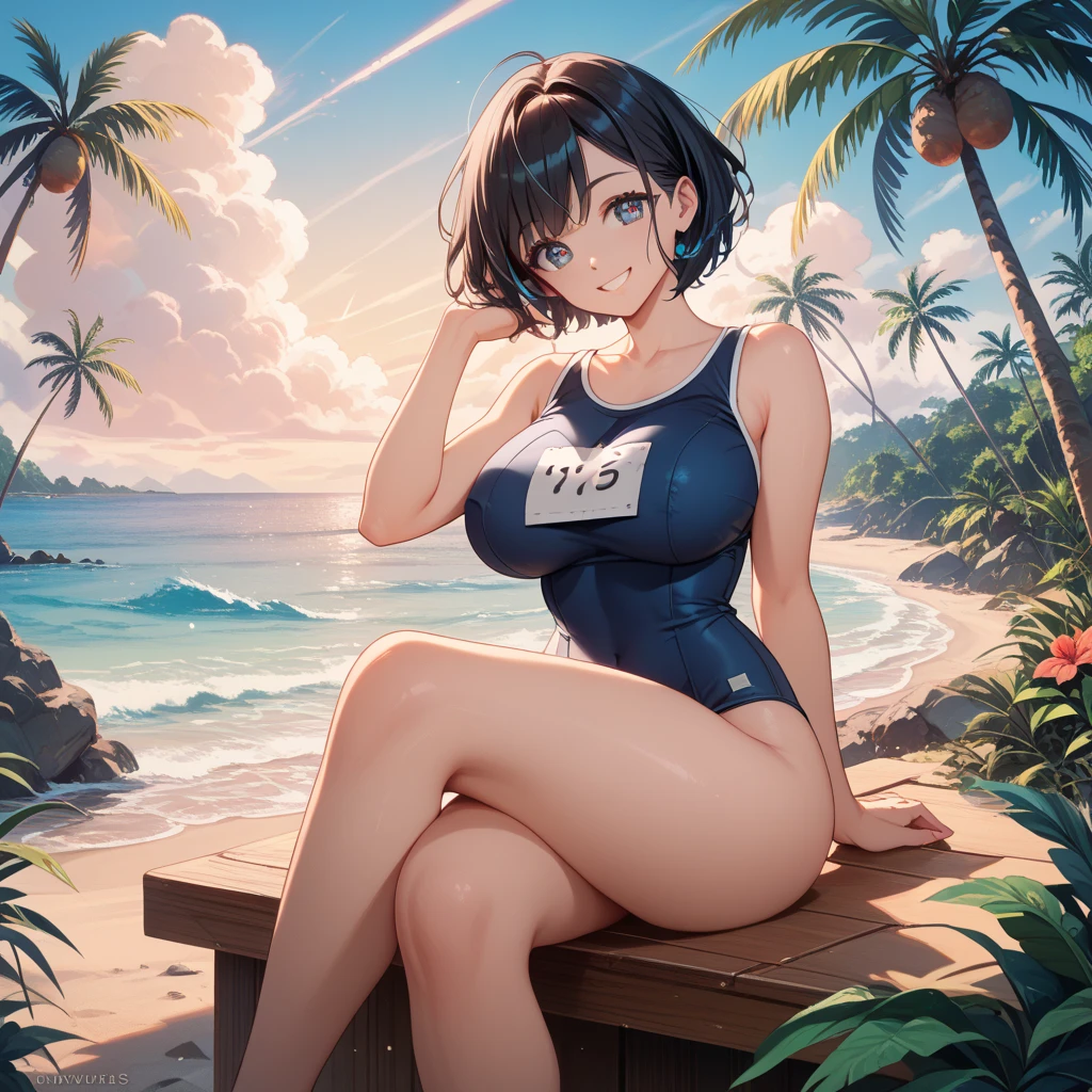 beautiful girl, solo, green eyes, cleavage, short hair, hair band, sitting, looking at the viewer, smile, dress, choker, beach, collarbone, white dress, outdoors, water, bare shoulders, black hair band, bangs, big, sea, black choker, day, parted lips, earrings, thighs, jewelry, lips, grinning, teeth, see-through, sleeveless dress, between legs, mole, sundress, Hands Between Legs, V Arms, Sleeveless, Large Breasts, Wet, Silver Hair, Blushing, Sand, Shore, Halter Neck, Arm Garter, Spaghetti Strap, Artist Name, Pink Lips, Arm Strap, Bare Arms, Eyelashes, Hair Between Eyes, Ruffles, Bench, Piercings --auto