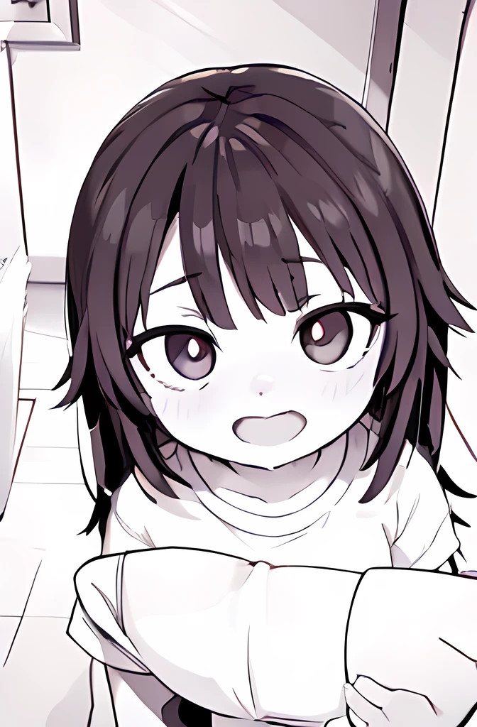 (((Line art))),(((monochrome:1.1))),1girl, black hair,(long hair),straight hair ,bangs,black eyes,brown pupils ,iris,(droopy eyes),chubby,(((short stature:1.5))),ideal ratio body proportions ,(((white oversized shirt:1.6))),flat chest ,bottom less ,big smile ,open mouth,(((pov_arm_hug:1.4))) ,indoor,living room ,upper body ,angle from front ,