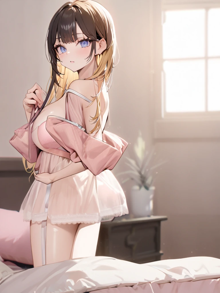 masterpiece, best quality, very aesthetic, absurdres, newest, 1girl, The skirt covers the crotch, solo,standing_split,tears in eyes,embarrassed, ,izumi_sagiri,eromanga_sensei, blue_eyes, bow, dress, grey_hair, pink_hair_bow, long_hair, long_sleeves, low-tied_long_hair, pajamas, pink_bow, pink_dress,white_hair,,on sofa,
