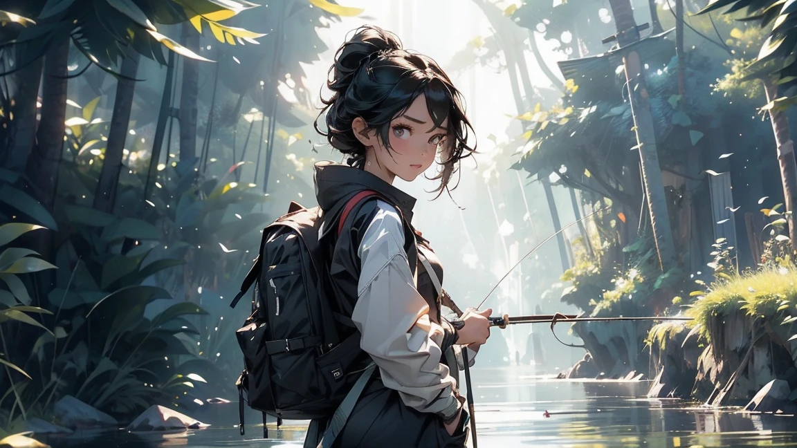 ((masterpiece, best quality)),1girl, beautiful face, amber eyes, black hair, hair bun on top, glasses, white shirt, brown jacket, brown shorts, hiking shoes, rainforest, outdoor, ((natural landscape)), moss, forest, trees, butterfly, ((creek)), animals, palm open, arms open,