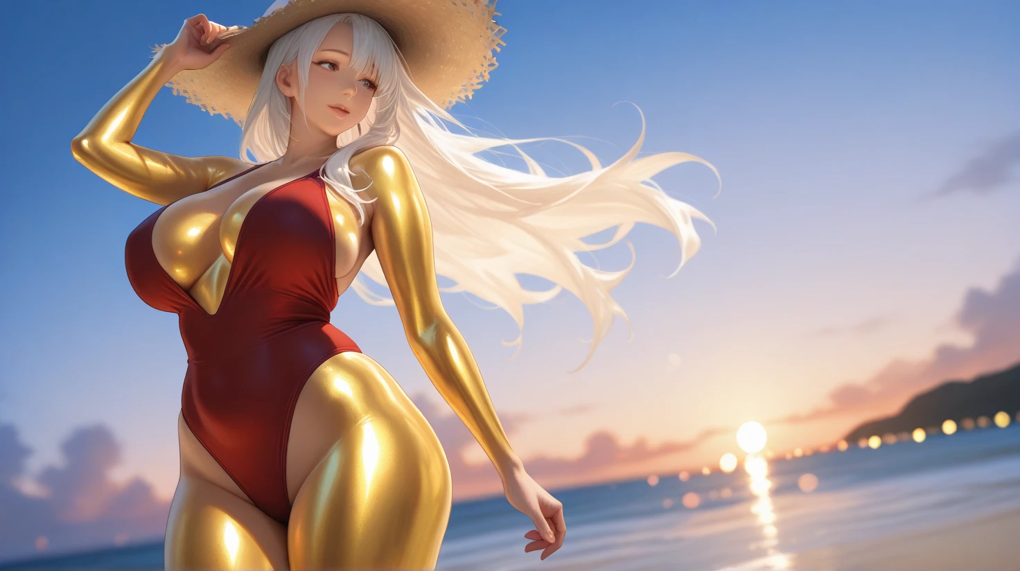 masterpiece, ((tall, slim beautiful girl (walking along the beach at night, wearing revealing attire))), (((detailed and beautiful face, detailed eyes))), serene expression, tall and slim figure, long limbs, small breasts, pale white skin, gentle waves, moonlit ocean, starry sky, barefoot in the sand, peaceful atmosphere, full body view from the side, soft moonlight, calm sea breeze, reflective water, distant horizon, soft shadows, natural beauty, tranquil night, subtle glow, romantic setting, nsfw, ((suggestive pose, exposed skin, provocative outfit)), detailed body features, glistening wet skin, teasing expression, alluring gaze, flowing hair, beautiful detailed eyes, intimate atmosphere.