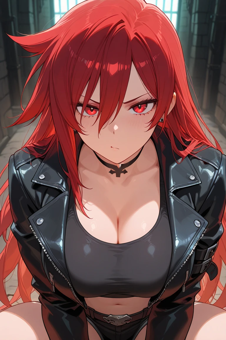 <lora:Akane Hiyama:0.5> Akane Hiyama, ((1girl, red hair, solo, red eyes, weapon, breasts, holding, large breasts, shaded face, dual wielding, knife, jacket, smile, yandere)), ((masterpiece, best quality)), (((extremely detailed, intricate details, lush detail, insanely detailed face, 2k, beautiful light Red eyes, shiny skin, sharp eyes))), ((dramatic shadows, vibrant colors, backlighting, depth of field, highleg, contrapposto)), (((shadow over face, glowing red eyes))), ((sleeveless black shirt, black skirt, white collar shirt, red belt, hidden hands)), big eyes, upper body, face focus, looking at viewer, long black gloves, red bracer