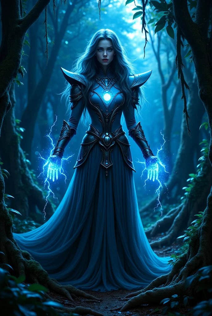 An award-winning DarkFantasy digital art piece, bathed in hues of mystical purple and blue, entitled "Enchantress of the Surreal Forest". A majestic sorceress in a flowing dress weaves her magic, glowing colorful magical orbs held in both hands, enchantingly illuminated by ais-sparkz lightning in the heart of an enchanted forest. (Beautiful detailed face, glowing softly:1.3), (beautiful detailed eyes, blue eyes:1.4), plum lipstick, beautiful detailed legs, beautiful detailed skin. The fantasy surrealistic style blends the mystical and the majestic. The spellbinding image has been lauded at the Academy Awards for Visual Effects and BAFTA Awards for Special Effects, featured in Art of the Fantastic, The Magazine of Fantasy & Science Fiction, and ImagineFX, and showcased at the Fantasy Art Gallery, Delusional Art, and Weta Workshop. dark magic, black night, fog <lora:Dark Fantasy:1.2> Dark Fantasy page <lora:Sparks_Style_SDXL:1>